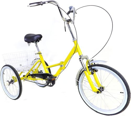 VonVVer 20 Faltbares Dreiräder Erwachsene - Dreirad für Erwachsene mit Korb 110KG Last 3 Räder Fahrrad Cityräder Höhenverstellbar Cruise Einkaufsrad für 155-185cm Senioren Frauen Ältere (Gelb)