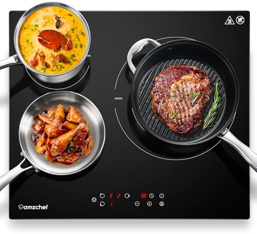 Plaque de cuisson vitrocéramique 3 Foyers,AMZCHEF Plaque de cuisson vitrocéramique 60cm avec 9 niveaux de cuisson, double zone Max 2400w, arrêt automatique, minuterie, verrouillage de sécurité, 5400w