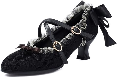LIPIJIXI Women Vintage Lace Kitten Heel Pumps Round Closed Toe Low Heel Jeans Shoes Victorian Costume Goth Witch Bow Faux Suede Shoes Size 9