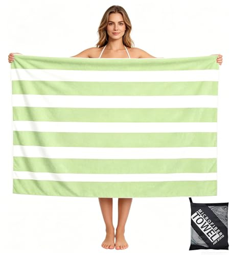 Large Quick Dry Microfibre Beach Towels for Adults,160X90cm Double Sides Green Stripe Bath Towel Travel Towels with Pockets,Lightweight Beach Towel for Women Men Sun Lounger Travel Swim Holiday Sport