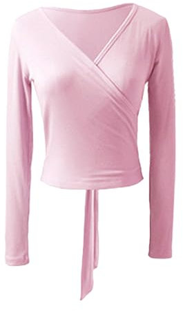AIGOUT Damen Tanz-Top, Langarm, Wickel-Top, Ballett, Yoga, Pilates, Bluse, Shirt, Rosa, S