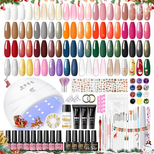 PEACECOLOR 52Pcs Gel Nail Kit with UV Lamp, Christmas Gel Nails Starter Kit 23 Colours Red White Brown Nude Gels Nail Polish and Poly Extension Gels, Glitter Nails Art for Women' Christmas Gift