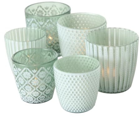 TOPANBIETER 999 6 x Teelichthalter, Windlicht 6er Set - 3 Motive - 2 Größen- Höhe 6,5/8,5 cm- grün/weiß - Teelicht-Gläser Windlichter Dekoglas für Kerzen & Teelichter, Tischleuchten, Kerzenständer