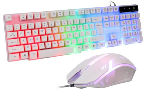 Angoily Ergonomiskt USB-trådbundet tangentbord med mus vitt gamer-tangentbord med bakgrundsbelysning för PC-spel och daglig användning