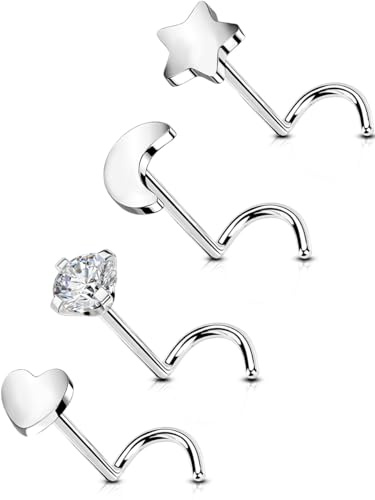 OUFER 20G 4 st Titan Näsa Piercing G23 Skruv S-Form Design Näsa Smycken med CZ Transparent Näsa Piercing 7 mm Stjärna Hjärta och Måne Form Stecker för Narice, 20G7mm, Titan, Kubisk zirkon
