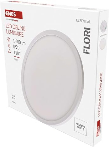 EMOS - LED-Wand-/Deckenleuchte FLORI, rund - neutralweiß 4000 K - 1800 lm - 18 W (statt 115W Glühbirne) - 15 000 Std. - Abstrahlwinkel 110° - für Innenbereich - Ø 29,3 cm - weiß