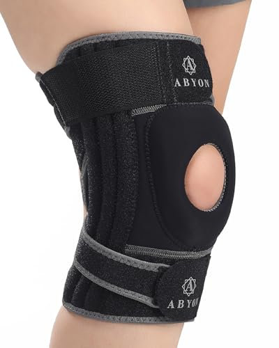 ABYON ELITE Genouillère Hommes & Femmes avec sangles antidérapantes réglables 4 niveaux et stabilisateurs latéraux – Attelle de genou pour douleurs, arthrite, LCA, ménisque, genou du coureur