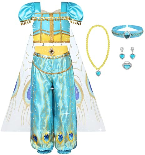 AUYAO Jasmin kostym, 8 st, prinsessklänning, flicka, kostymset med topp/byxor/halsband/cape/pannband/ring/örhängen, Aladdin, cosplay, outfit, barn, prinsessa, kostym, fest, halloween, utklädnad
