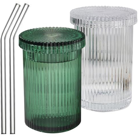 Gases acanaladas con tapas y pajitas 2 piezas de vasos estriados vintage 400 ml de tazas de vaso para beber a rayas transparentes para agua Cóctel
