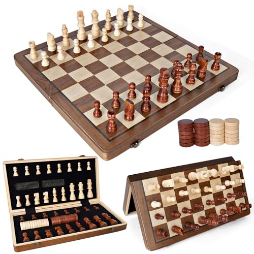 Scacchiera in Legno, 2 in 1 Scacchi Magnetici, 39x39 cm Scacchiera Professionale Pieghevole Portatile Scacchi e Dama Magnetici, con Borsa Portaoggetti, Dama per Bambini e Adulti Feste