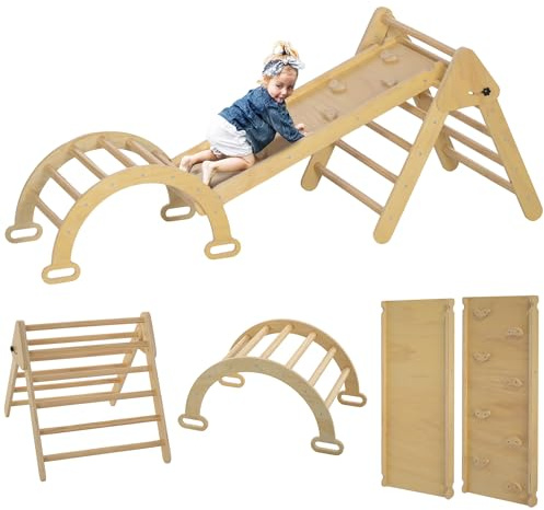 AIYAPLAY 5 en 1 Triángulo de Escalada Montessori con Arco y Rampa, Escalada para Niños de Madera Plegable, para 18-48 Meses, para Deslizarse o Escalar, 178x64,5 cm, Madera Natural