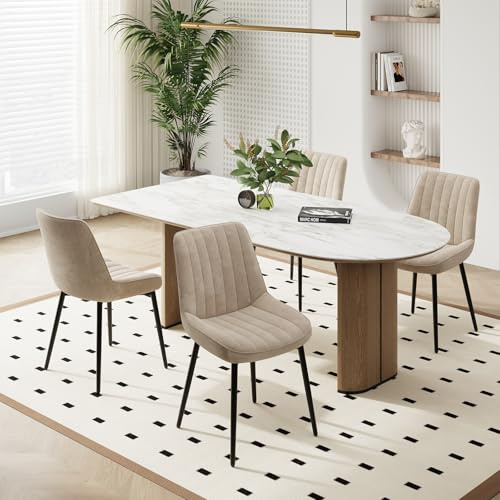 COLAMY Velvet Dining Chairs Set of 4, Velvet Chairs for Dining Room with Metal Legs and Thick Seat Cushion, Upholstered Kitchen Chair with Anti-Slip Pads, Khaki