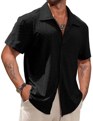 Remxi Mens Short Sleeve Shirts Button Down Hawaiian Shirt Summer Beach Cuban Collared T-Shirt Casual Holiday Hollow Out Tops Black XL