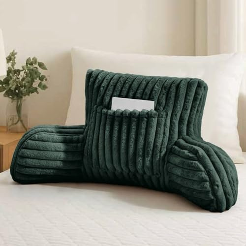 Brillars Reading Pillow For Adults with Arms - Faux Fur Ribbed Fleece Cuddle Cushion Pocket 38cm Cozy Lumbar Neck Support For Backrest | Sitting Up In Bed Sofas Chair (Dark Green)
