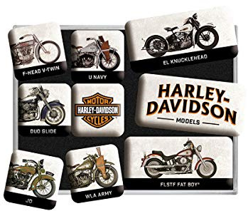 Nostalgic-Art, Juego de Imanes retro , Harley Davidson Model – Regalo para motociclistas, Decoración para la nevera, Diseño vintage, 9 unidades