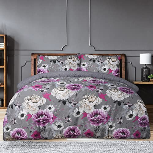 Sleepdown Duvet Cover Set - Grey - Inky Floral – Plain Reversible Quilt Cover Easy Care Bed Linen Soft Cosy Bedding Sets with Pillowcases - Super King (220cm x 260cm)