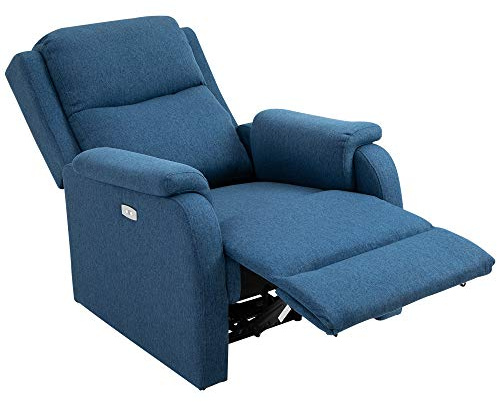 HOMCOM Poltrona Relax Elettrica con Poggiapiedi e Presa USB, Poltrona Reclinabile Elettrica 160° in Tessuto effetto Lino, Legno di Pioppo per Soggiorno, Salotto e Camera da Letto, Blu