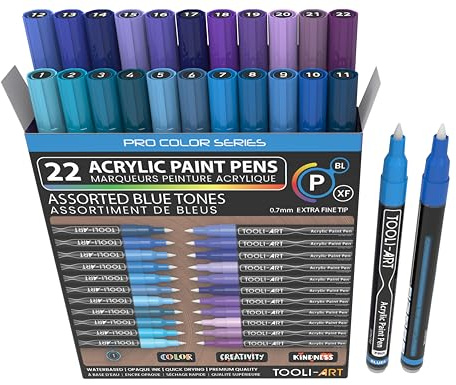 Acrylic Paint Pens 22 Blue & Purple Tones Assorted Pro Colour Series Markers Set 0.7mm Extra Fine Tip for Rock Painting, Glass, Mugs, Wood, Metal, Canvas, Projects, Non Toxic, Waterbased, Quick Drying