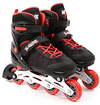 M.Y X-Skate Adjustable Red Inline Roller Skates with Built In Adjusters Kids Roller Boots for Boys & Girls - Medium