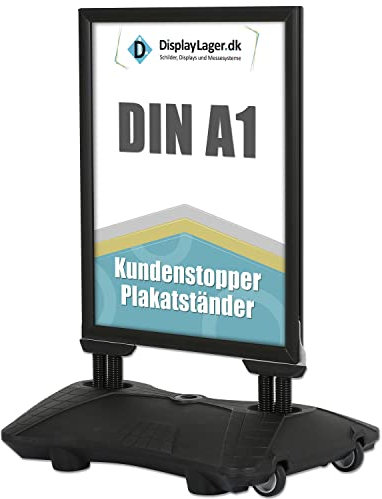 DisplayLager Kundenstopper Doppelfederung Model Wind-Pro | Für DIN A1 594x841 mm. Robuster Wetterfester Plakataufsteller. Standgewicht für hohe Windgeschwindigkeiten und Rollen (A1, Schwarz)