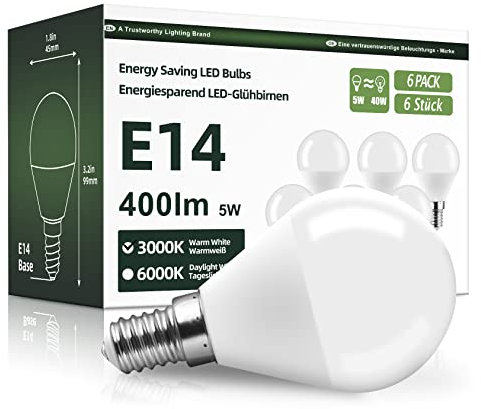 OGADA LED Lampe, 5W LED Glühbirne, E14 Led Warmweiß 3000K LED birne, 800 Lumen, P45 Leuchtmittel, Ersatz 40W Halogen, 6 Stück