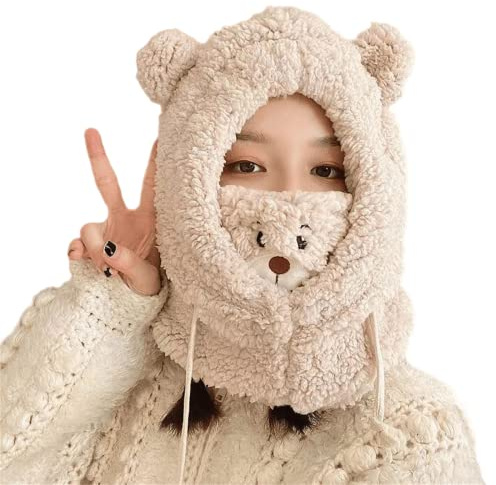 Dam Kawaii söt björn öron mössa mössa halsduk ansiktsskydd 3 i 1 vinter varm sherpa flytande balaclava fleece pom poms fluffig hatt
