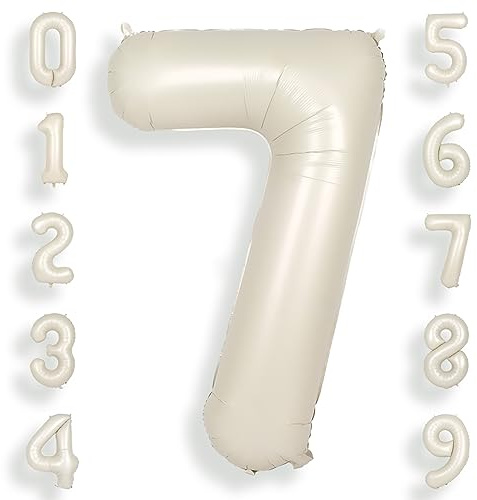SUWEN 40 Inch Cream White 7 Number Balloon Foil 0-9 Birthday Big Numbers | 7th Birthday Anniversary Party Decorations Large Helium Number Balloons Jumbo Giant Huge Mylar