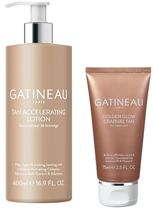 GATINEAU Tan Accelerating Lotion 400ml + Golden Glow Gradual Tan 75ml | Face and body tanning duo. Helps prepare skin, enhance natural tan and create a glowing complexion