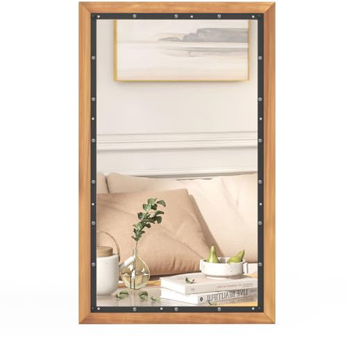 COSTWAY Decorative Wall Mirror, 90x55cm Large Rectangle Accent Vanity Mirror with Hanging Hooks, Rustic Farmhouse Solid Wood Frame Wall Mounted Mirror for Bathroom, Living Room, Bedroom and Hallway