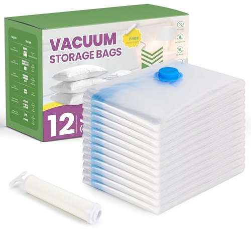 12 Jumbo Compression Storage Bags, Vacuum Storage Bags, Space Saver Bags for Comforters, Blankets, Bedding, Pillows and Clothes Storage, Hand Pump Included