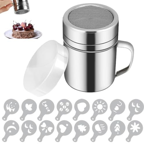 Chocolate Shaker - 200ML Powder Sifter, Stainless Steel Duster Mesh Can, Sugar Salt Shaker, Coffee Sprinkle, Powder Can Set with 16 Coffee Molds for Cake Decorating, Baking, Cappuccino, Cocoa