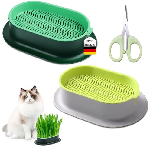 ZOBMIO 2 Stück Katzengras Schale mit 1 Grasschere, Katzengras Pflanztöpfe mit Großem Fassungsvermögen, aus ABS-Material, Katzengras Schale für den Innen Und Außenanbau