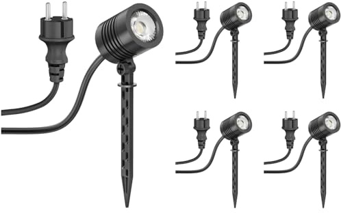 ledscom.de 5 stycken Små LED-trädgårdsstrålkastare med markspett TARL för utomhusbruk, IP65, stickpropp, svart, 4,3 W, 340lm, varmvit