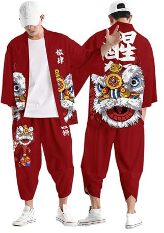 DUHENWU Set Kimono Giapponese Per Uomini, Stile Cinese, Tuta da Tempo Libero, Cardigan e Pantaloni Sportivi, Tuta da Ginnastica Estiva, Stampa 3D Retro, Stampa Funky, a Maniche Corte, Colorata, O