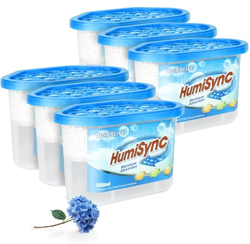 Deumidificatore，500 ml Serbatoio assorbente per umidità，Rimuove l'umidità in eccesso da bagno, armadi e cucina. Prodotto senza profumo, Blu (confezione da 6)