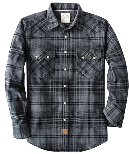 Dubinik® 6.3 oz Camisa Franela Hombre Western de Manga Larga Snap Botón Plaid Camisa Casual Comfort Soft Cotton Gris y Negro XL