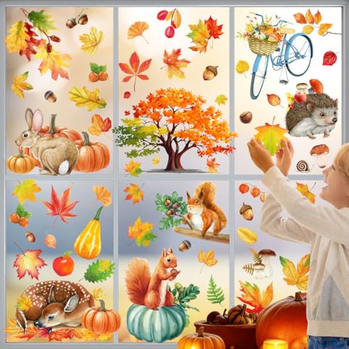 Litupic Window Stickers 9 Sheets Large-Size Animals Window Stickers for Glass Windo Decor Autumn Leaves Animals Woodland Stickers Home Bedroom Nursery Room Windo Clings Decals