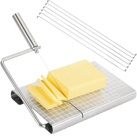 Auswechselbarer Käseschneider mit Draht, Edelstahl KäSeschneider mit Brett und Messgitter, KäSehobel Tinstellbare Käsestärke für Blockkäse und Butter mit 6 Extra Dicken Drähten
