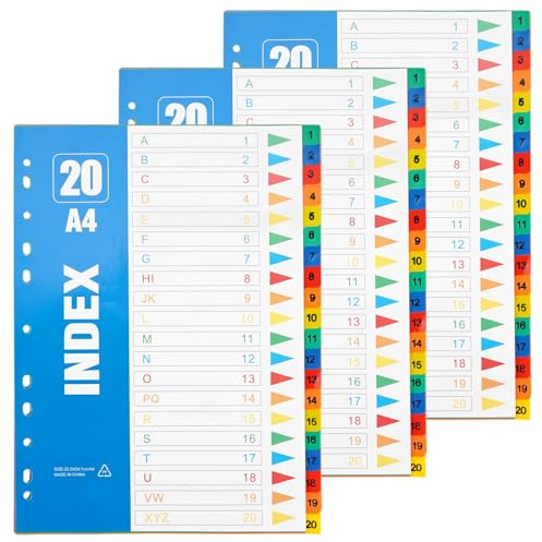 3 Piezas Separadores Archivador Plastico A4, 1-20 Separadore de Colores para Archivador, 11 Agujeros Separadores Carpeta Anillas A4, Numeradas Divisores de Archivos para Organización de Documentos