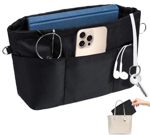 Organisateur de Sac A Main en Nylon avec 13 Compartiments Multifonctions à L'Intérieur, Imperméable Fermeture à GlissièRe Organiseurs Pochette Sac De Rangement Intérieuravec Porte-Clés (Noire, M)