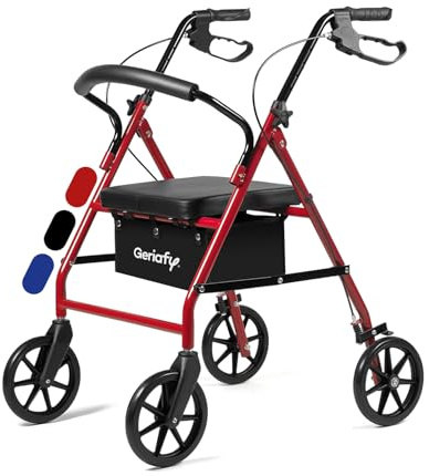 Geriafy - Deambulatore per Anziani Pieghevole e Leggero | Modello Lambda Max | Girello con Seduta e Schienale | Rollator Ruote XL (20 cm) con Regolazione Superiore e Freni a Leva | DM Classe I (Rosso)