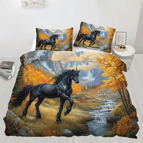 Juego de funda de edredón con diseño de caballo, ropa de cama individual con 1 funda de almohada, paisaje otoñal, pintura al óleo, microfibra con cremallera, uso en todas las estaciones (135 x 200 cm)