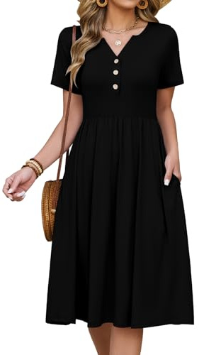 CMTOP Vestidos Verano Mujer Elegantes Cuello V Vestido Midi Manga Corta Sueltos Vestido Flores Jacquard Casual Vestidos de Playa con Bolsillos (Negro, XL)