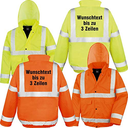 Nashville print factory Wetterfeste gefütterte Sicherheitsjacke mit Kapuze bedruckt mit Ihrem Wunschtext | Rückendruck (XL, Neon Gelb)