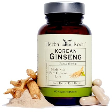 Herbal Roots Panax Ginseng | Organic Korean Ginseng Root Powder | 1000mg | High Ginsenosides for Energy & Performance | 60 Vegan Capsules