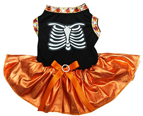 Petitebelle Skeleton Rib Nero Camicia Bling Orange Tutu Puppy Dog Dress