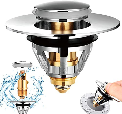 Universal Stainless Steel Pop Up Basin Plug - Push Type Bathroom Sink Plug with 2 Seals for Inner Diameter 34-37mm