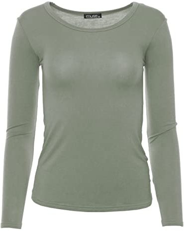 Easy Young Fashion - Damen Basic Rundhals Shirt - Langarm Unterziehshirt - Skinny Fit 1093 - Khaki S