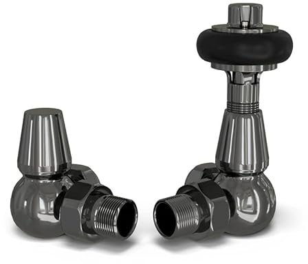 UK Radiators Válvulas termostáticas de radiador de níquel negro y válvula de bloqueo de esquina, acabado de níquel negro pulido, diseño tradicional, válvulas de radiador de cabeza de madera de 1,27