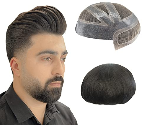 NLW Parrucca capelli umani per Uomo Toupet da uomo in pizzo svizzero combinato con sistema di sostituzione dei capelli neri naturali PU(#1B 9 * 6）